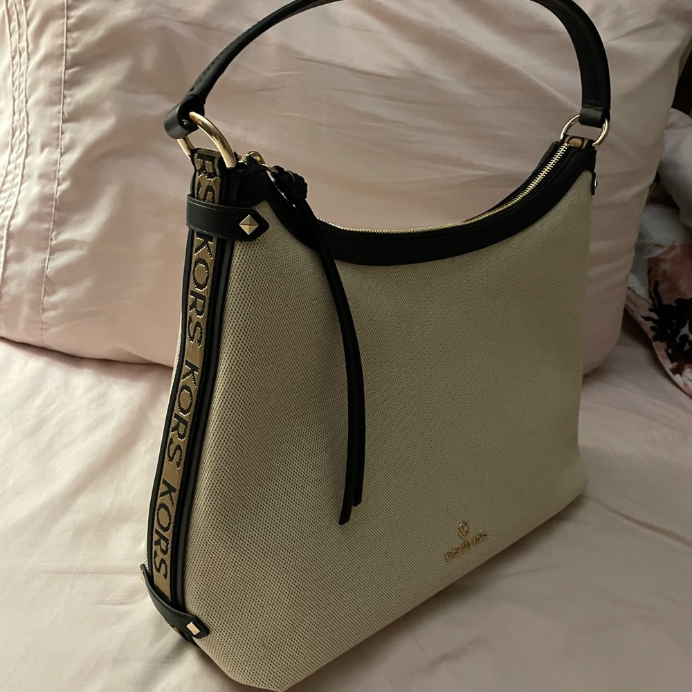 Michael Kors Cream Hobo with Black Trim and Gold Hardware